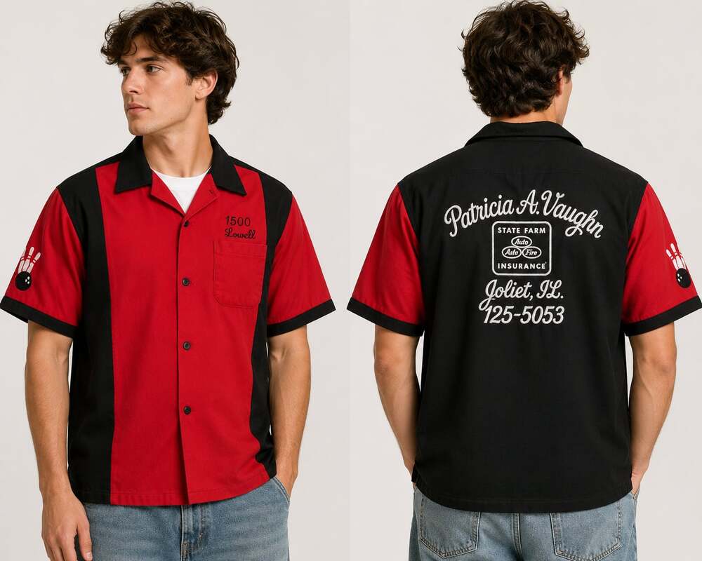 Hilton Bowling Shirt XL Red Black Button Front State Farm Embroidered Camp USA
